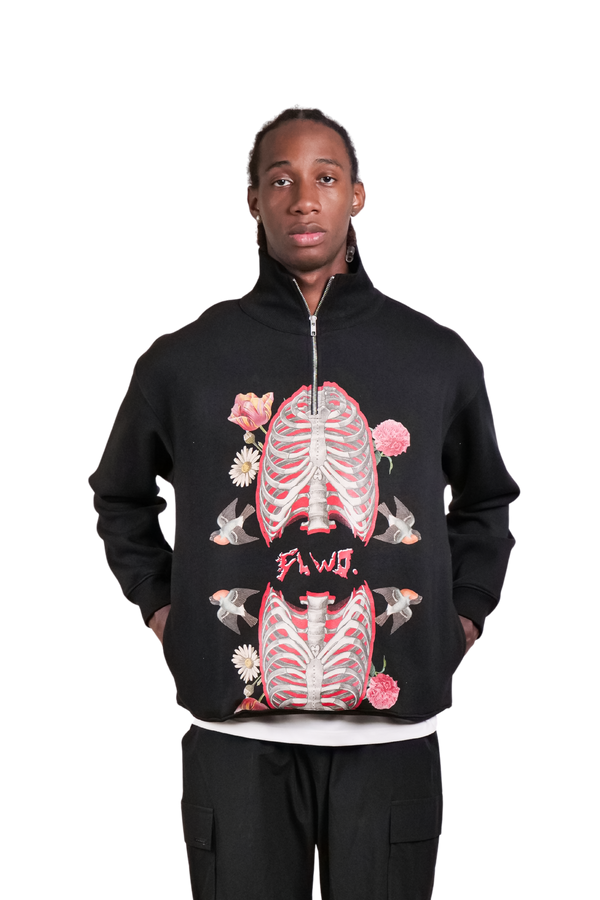 Bone Bloom Black Quarter Zip Unisex Oversized Sweatshirt